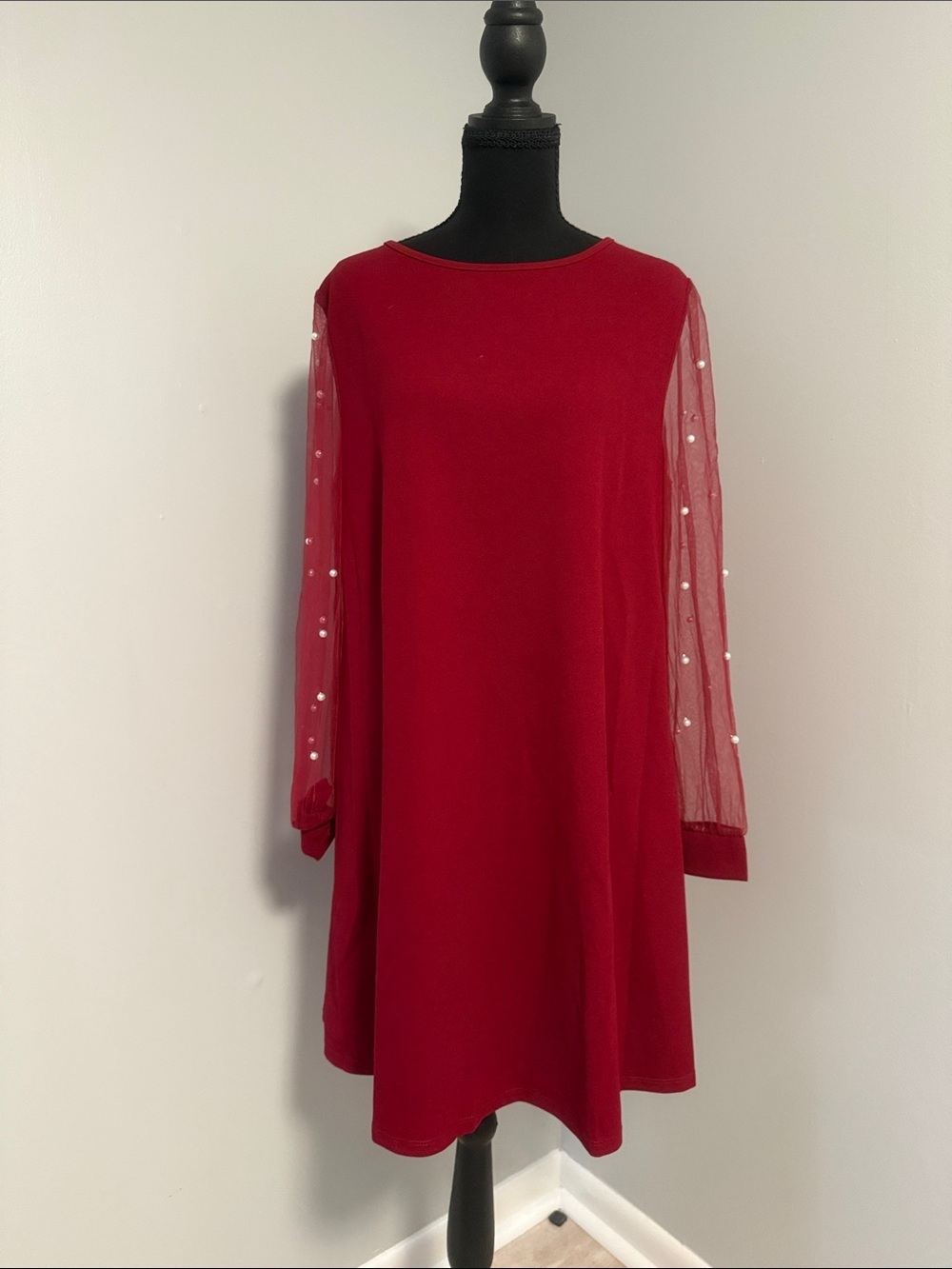 Red Dress with Sheer Sleeves